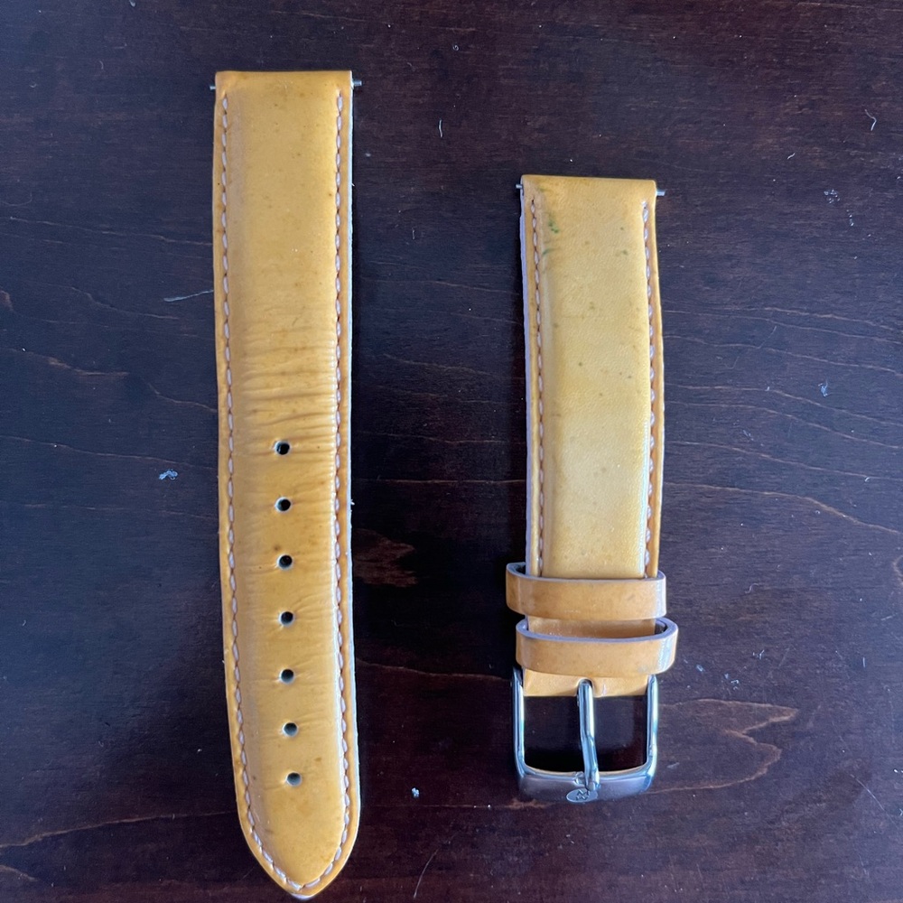 (2) gently used Michele 18mm leather watch bands. 1 black, 1 yellow